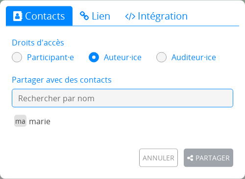 le menu de partage dans l'application formulaires, montrant les trois rôles : participant·e, auditeur·ice et auteur·e.