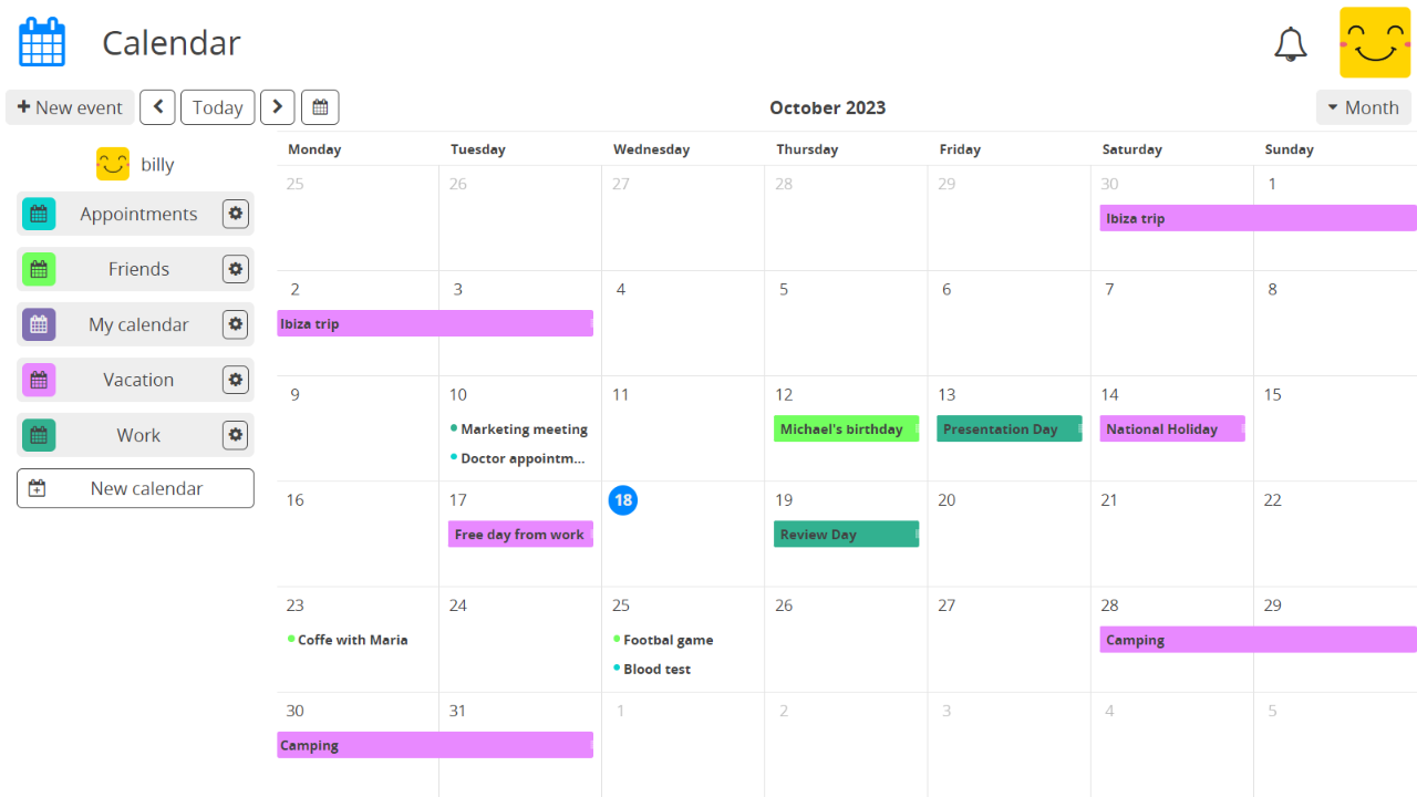 screenshot of the calendar